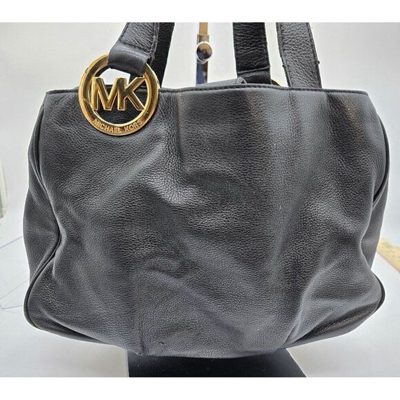 Michael Kors Black Leather Tote Bag With Gold MK Logo & Multiple Pockets - Picture 10 of 11